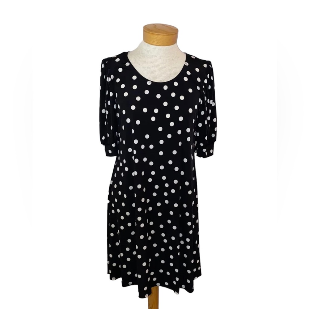 MSK Black White Polkadot Banded, Elbow Sleeve Dress Med